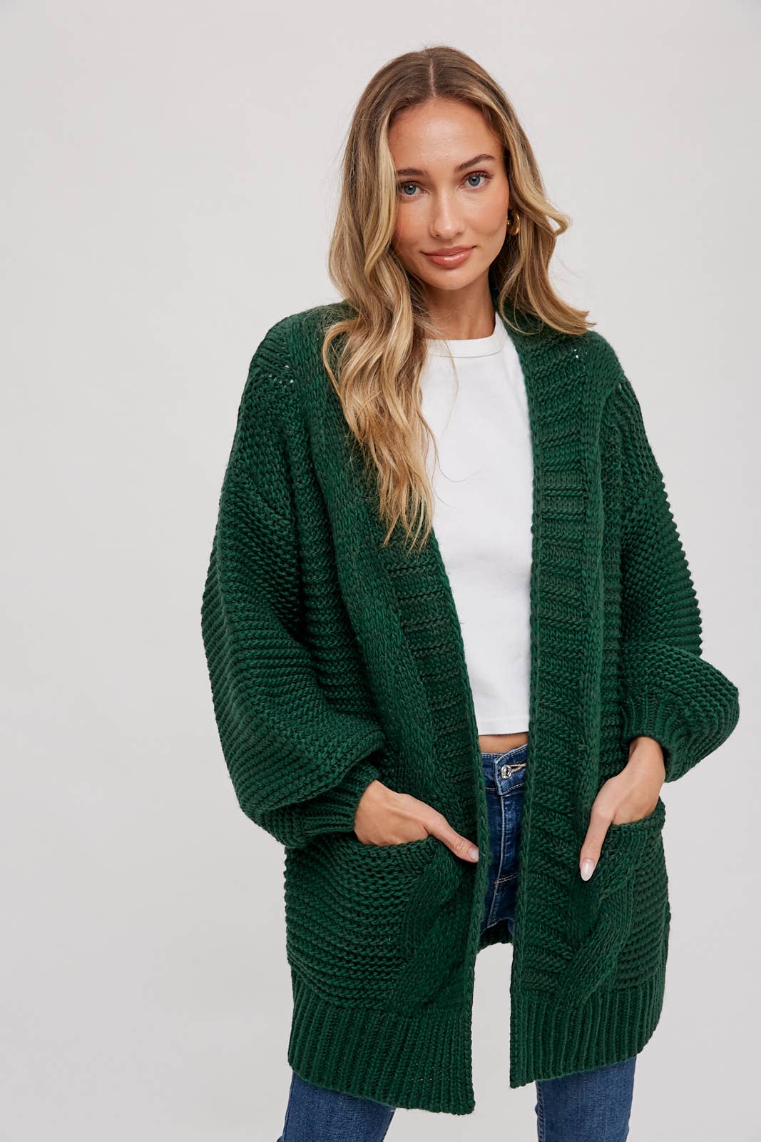 CHUNKY CABLE SWEATER LANTERN SLEEVE CARDIGAN: FOREST / S/M