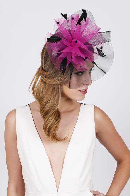 TWO TONE RUFFLE MESH DOTS FEATHERS HAIR FASCINATOR 94: Bkrd