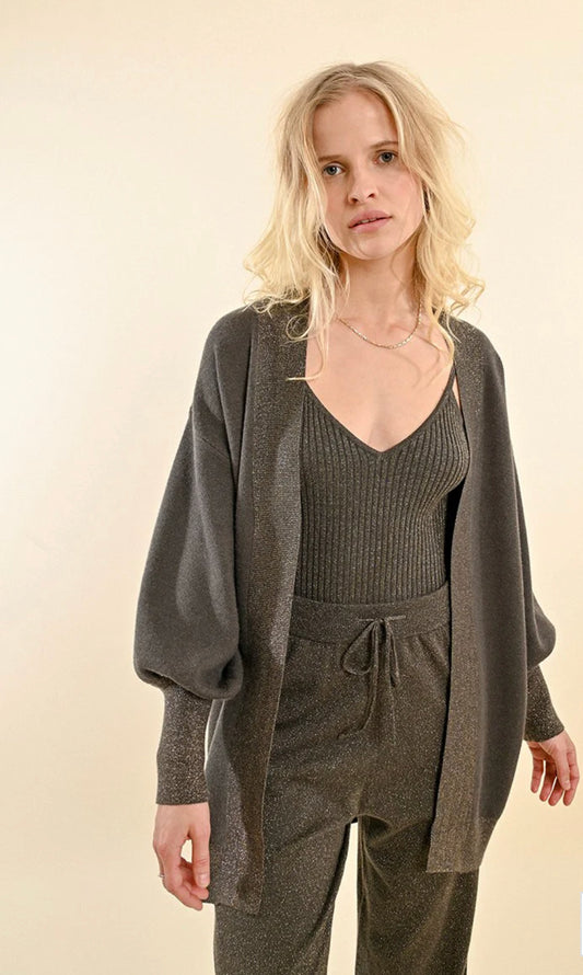 Long open cardigan sweater, khaki