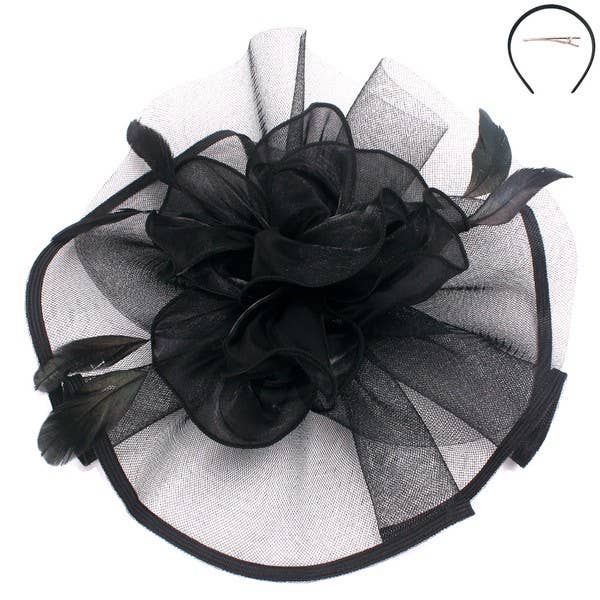 FLORAL MESH FASCINATOR HEADBAND CLIP: Grey