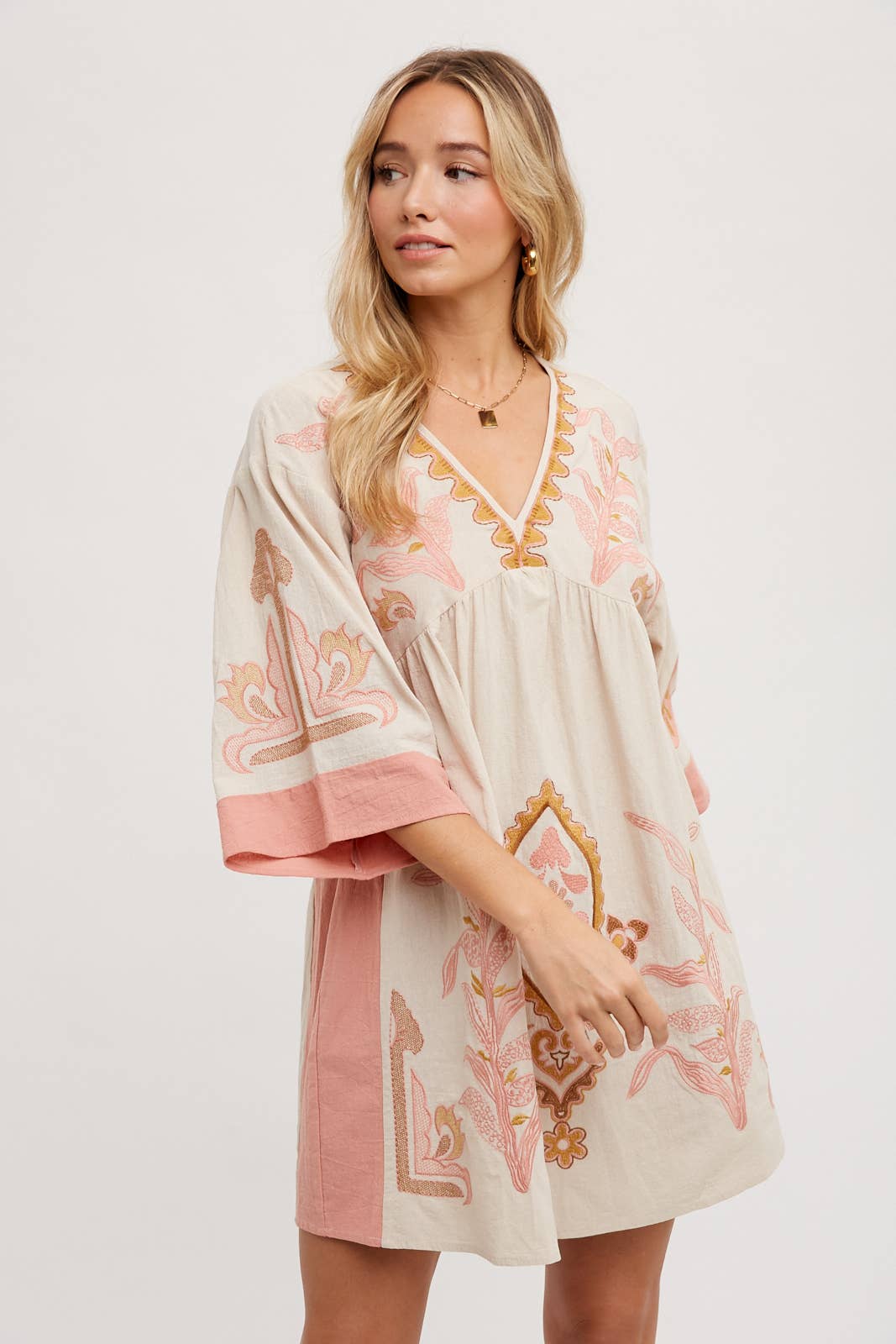 BOHO EMBROIDERED BABYDOLL DRESS: Pink