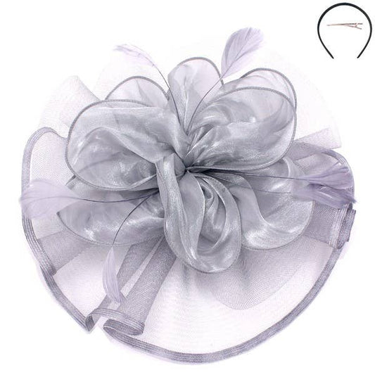 FLORAL MESH FASCINATOR HEADBAND CLIP: Grey