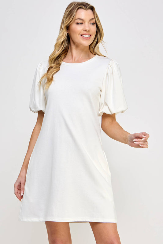 FRENCH TERRY BALLON SLEEVE DRESS OFF WHITE