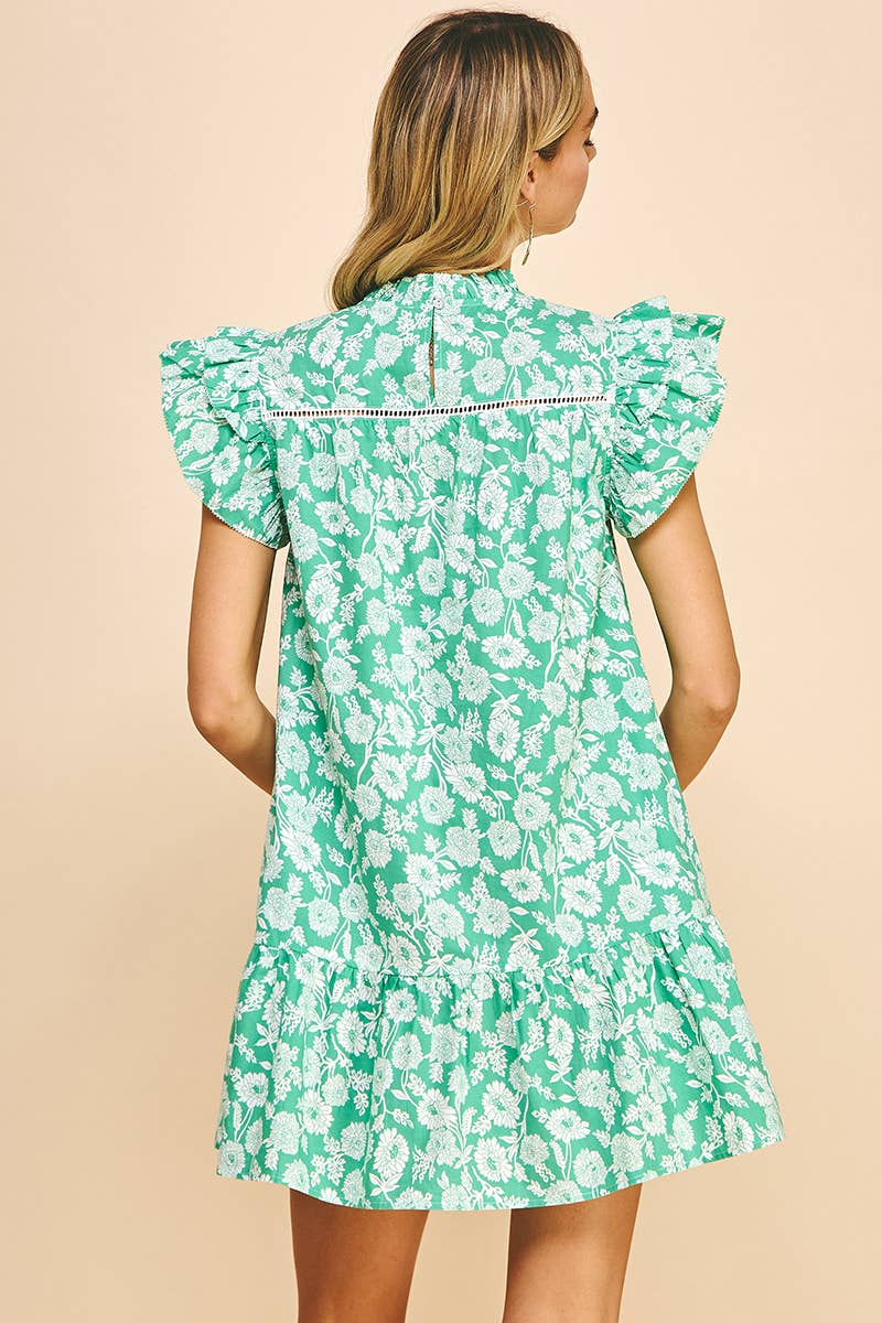 FLORAL PRINT MINI DRESS - JADE GREEN: