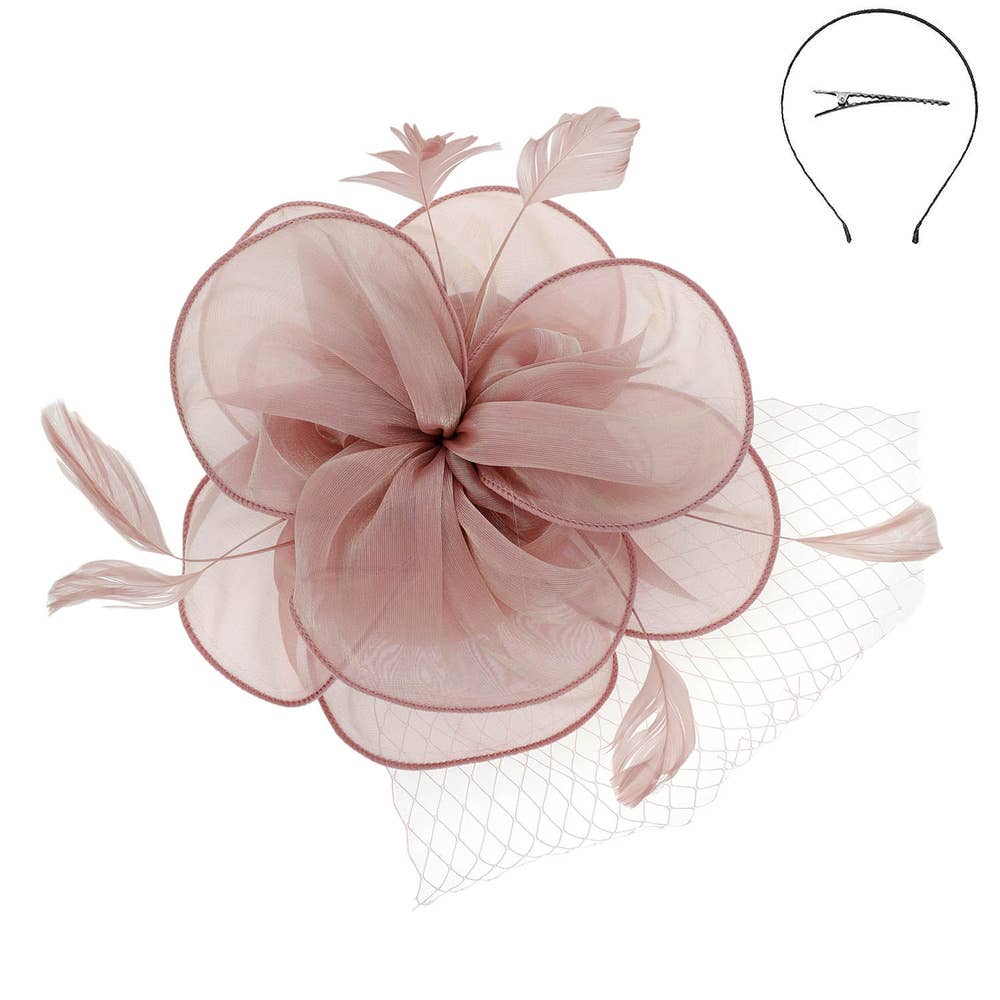 KENTUCKY DERBY MESH FLOWER FEATHERS FASCINATOR: Pu