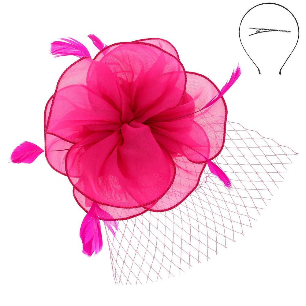 KENTUCKY DERBY MESH FLOWER FEATHERS FASCINATOR: Pu