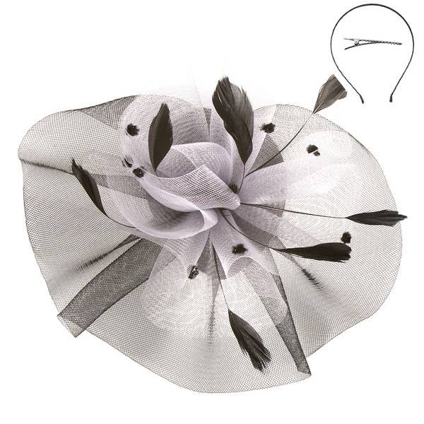 TWO TONE RUFFLE MESH DOTS FEATHERS HAIR FASCINATOR 94: Bkrd