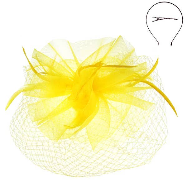 VEILED MESH FASCINATOR WITH HEADBAND AND CLIP HTH2720: Yellow