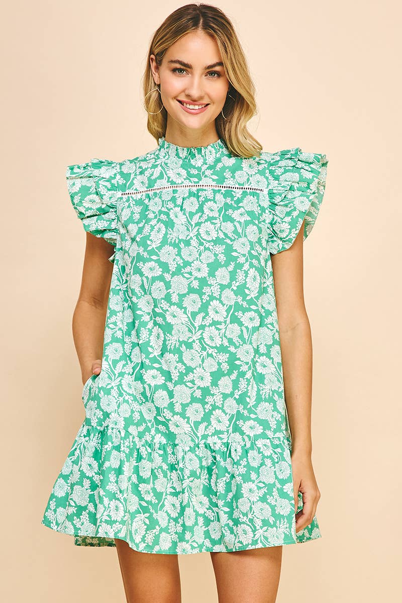 FLORAL PRINT MINI DRESS - JADE GREEN: