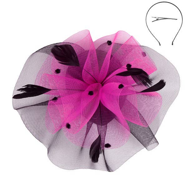 TWO TONE RUFFLE MESH DOTS FEATHERS HAIR FASCINATOR 94: Bkrd