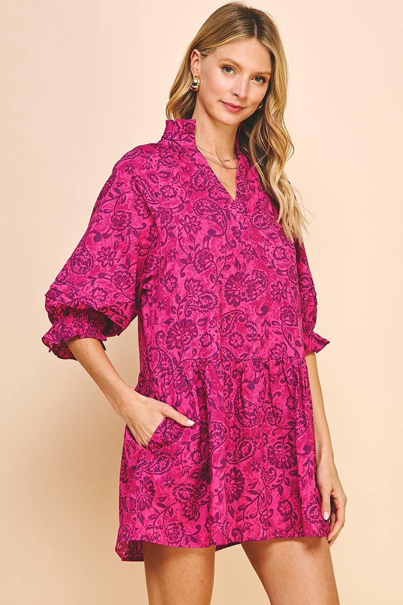 PAISLEY PRINT MINI DRESS - MAGENTA