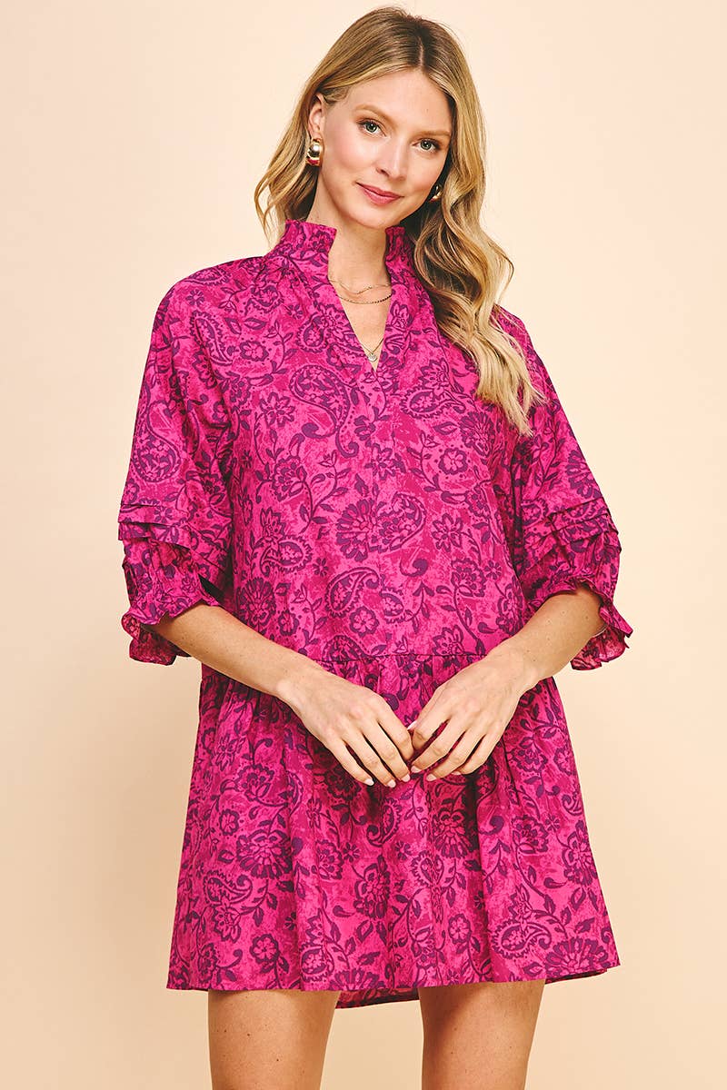 PAISLEY PRINT MINI DRESS - MAGENTA