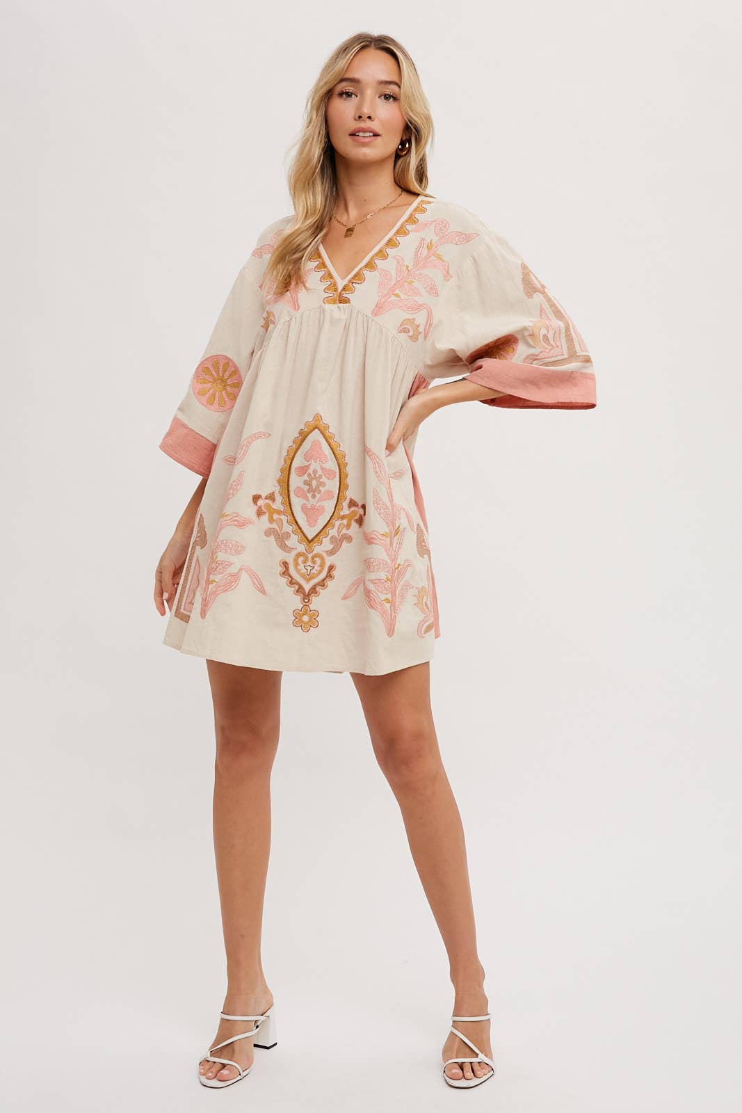 BOHO EMBROIDERED BABYDOLL DRESS: Pink