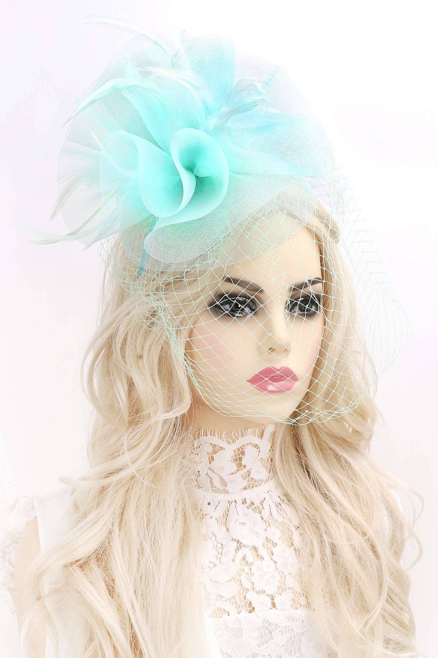 VEILED MESH FASCINATOR WITH HEADBAND AND CLIP HTH2720: Yellow