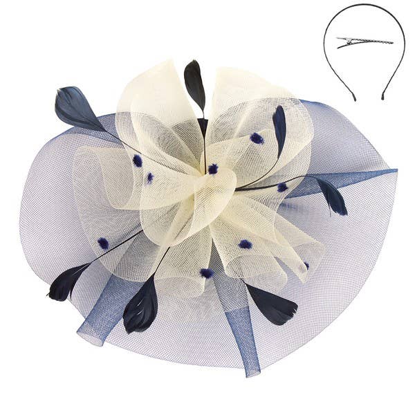 TWO TONE RUFFLE MESH DOTS FEATHERS HAIR FASCINATOR 94: Bkrd