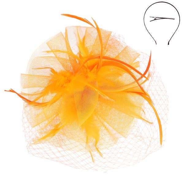 VEILED MESH FASCINATOR WITH HEADBAND AND CLIP: Gold