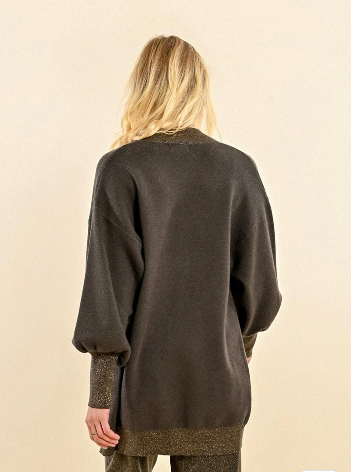 Long open cardigan sweater, khaki