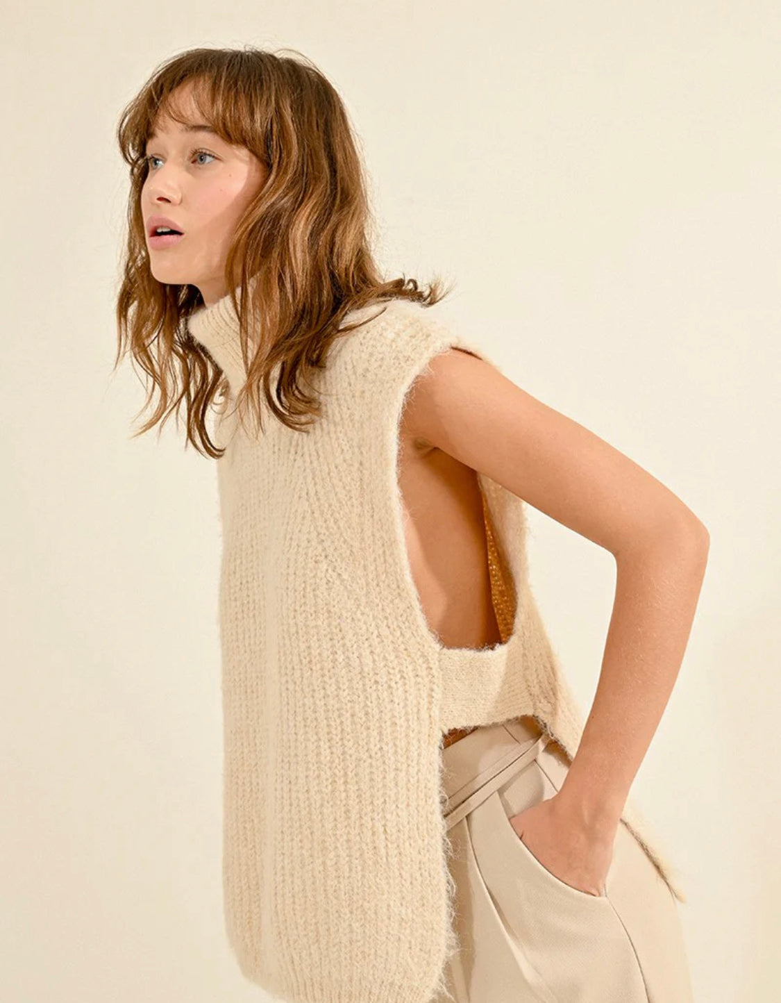 Sleeveless turtleneck sweater, cream