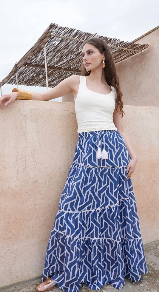 Blue and White Print Skirt