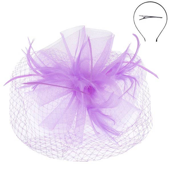 VEILED MESH FASCINATOR WITH HEADBAND AND CLIP: Lavender