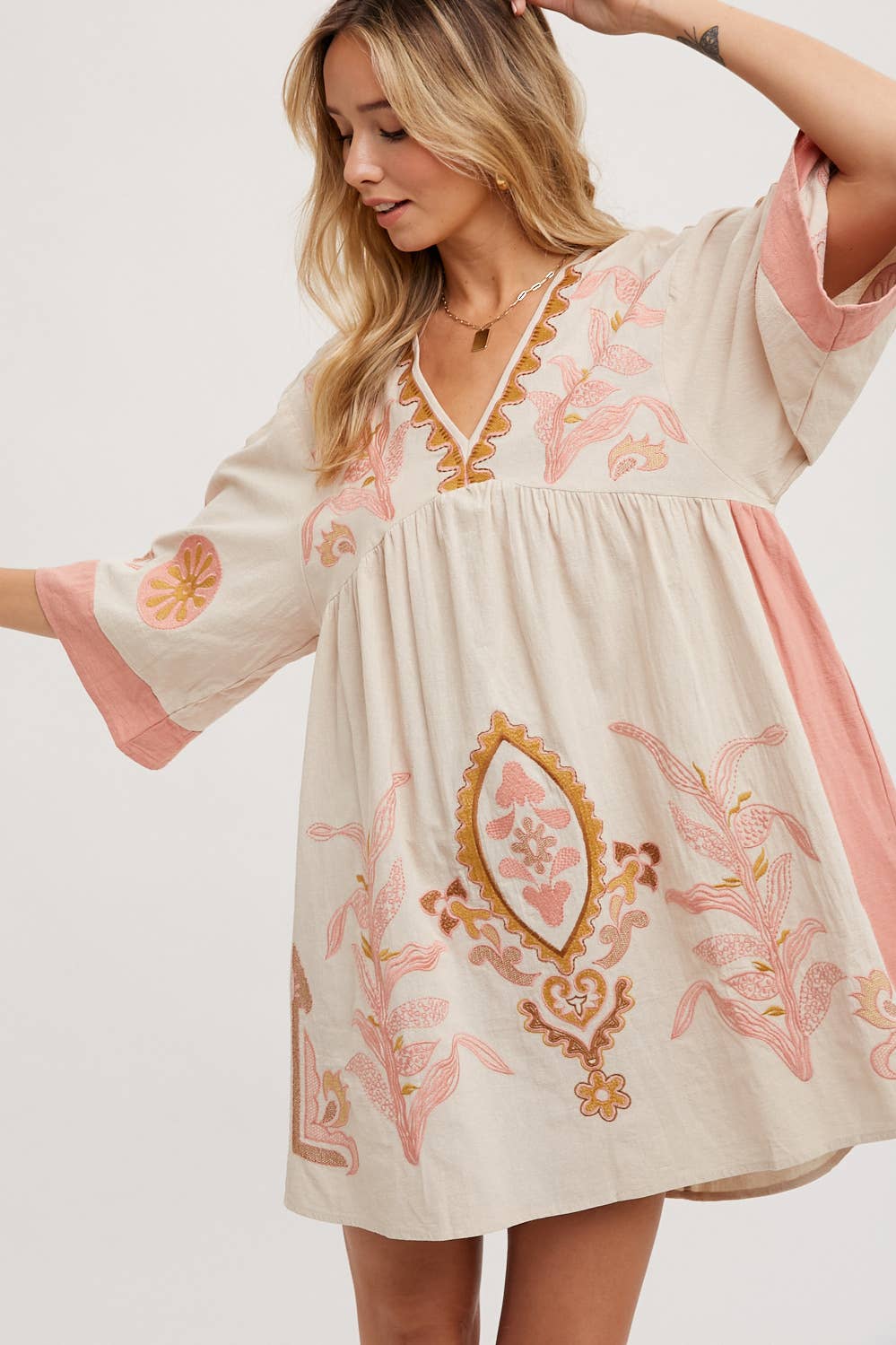 BOHO EMBROIDERED BABYDOLL DRESS: Pink