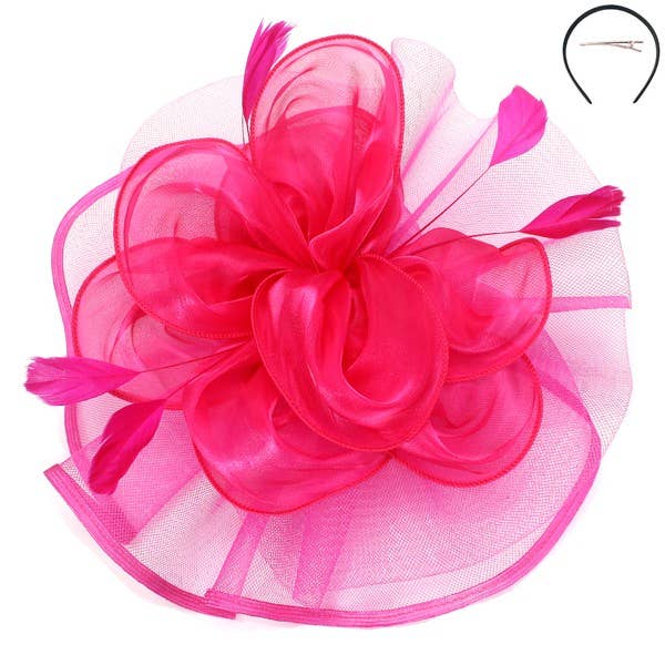 FLORAL MESH FASCINATOR HEADBAND CLIP:Red