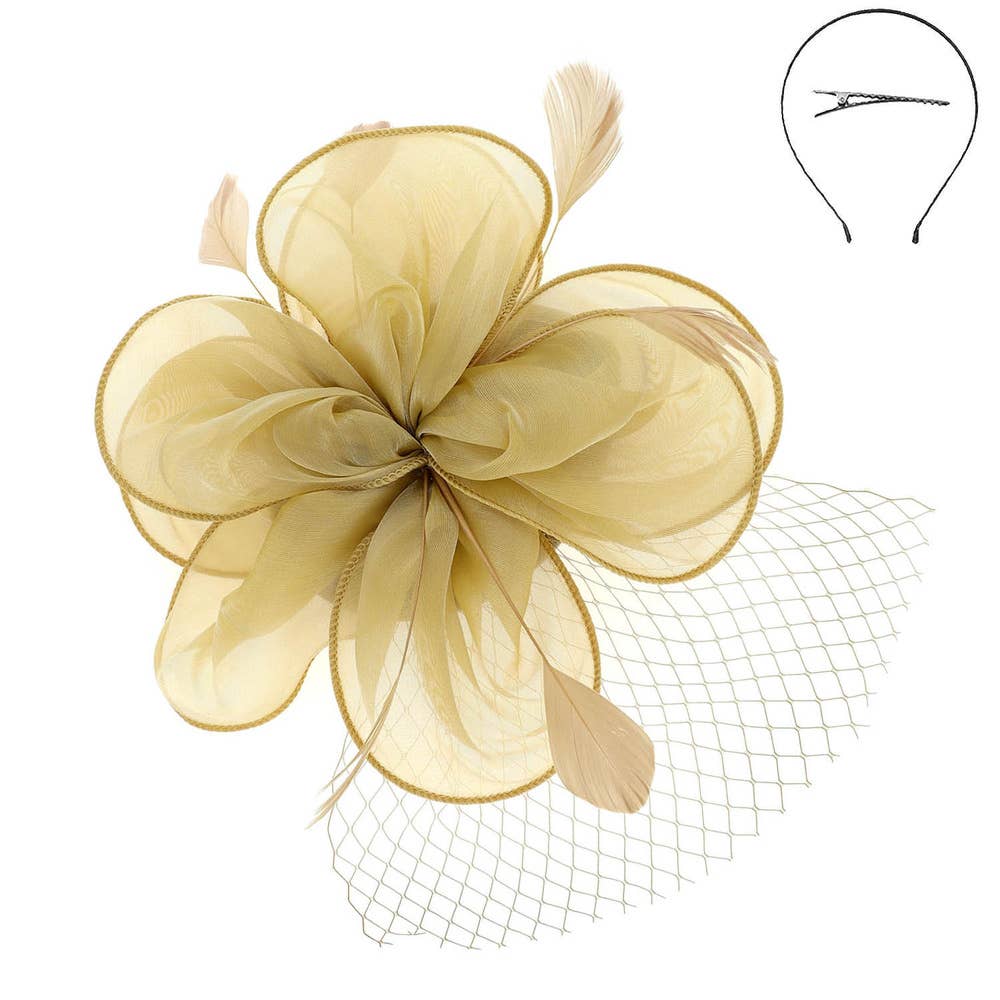 KENTUCKY DERBY MESH FLOWER FEATHERS FASCINATOR: Gold