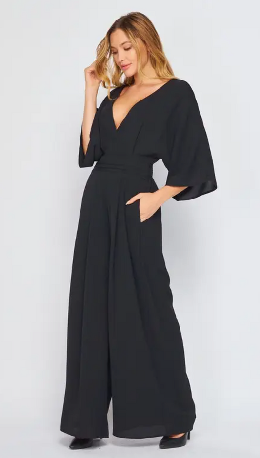 Solid 3/4 Sleeve V- Neck BlackJumpsuit with Pocket