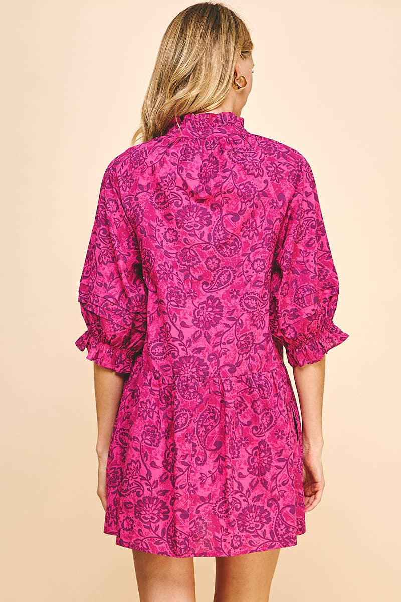 PAISLEY PRINT MINI DRESS - MAGENTA