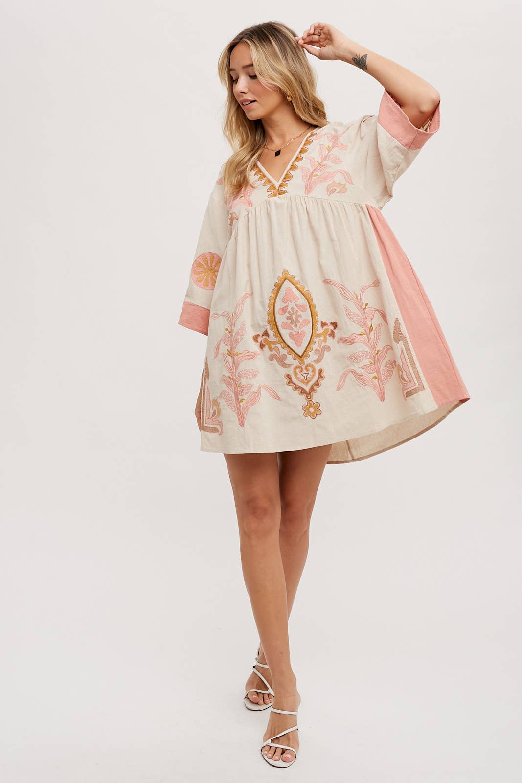 BOHO EMBROIDERED BABYDOLL DRESS: Pink