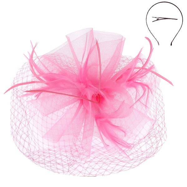 VEILED MESH FASCINATOR WITH HEADBAND AND CLIP: Lavender