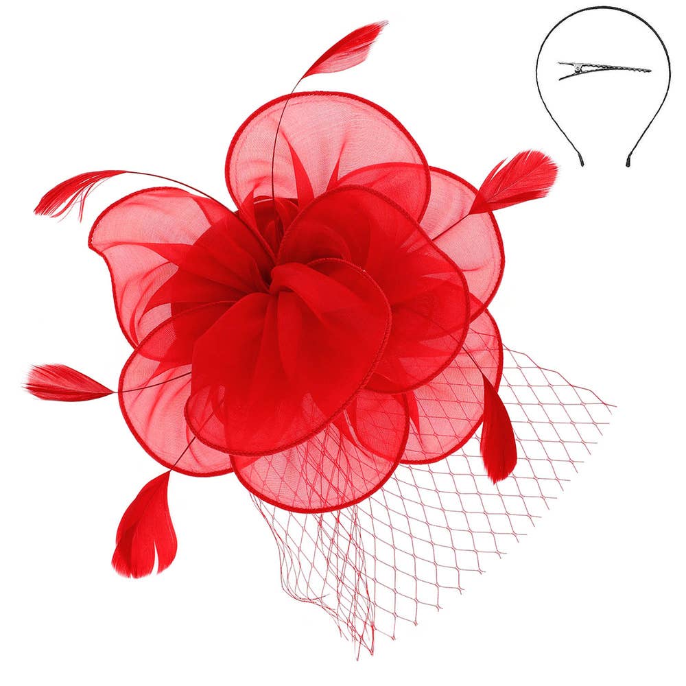 KENTUCKY DERBY MESH FLOWER FEATHERS FASCINATOR: Pu