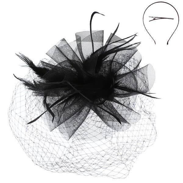 VEILED MESH FASCINATOR WITH HEADBAND AND CLIP: Lavender