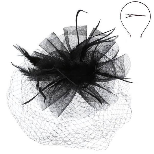 VEILED MESH FASCINATOR WITH HEADBAND AND CLIP: Black