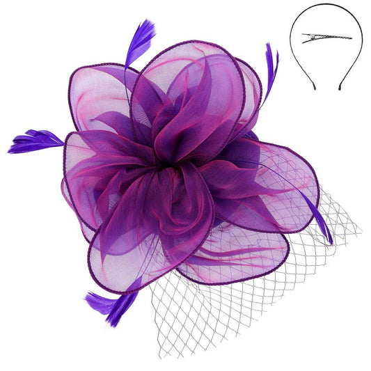 KENTUCKY DERBY MESH FLOWER FEATHERS FASCINATOR: Pu