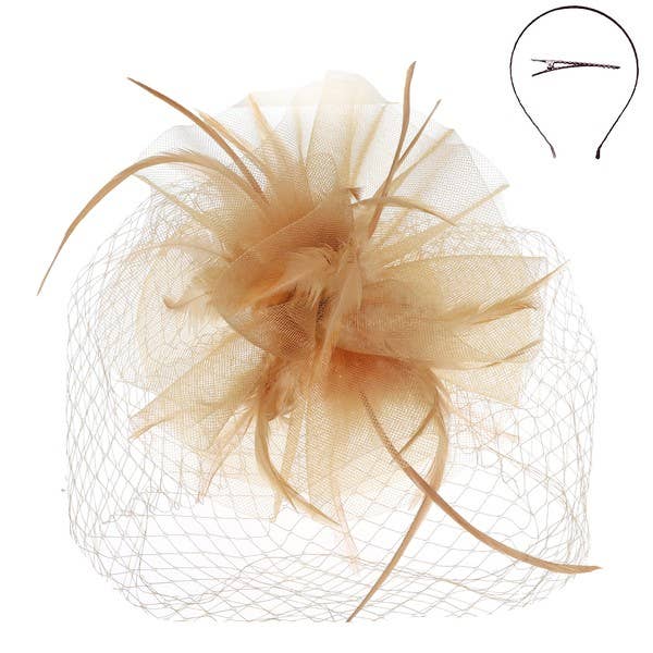 VEILED MESH FASCINATOR WITH HEADBAND AND CLIP: Lavender