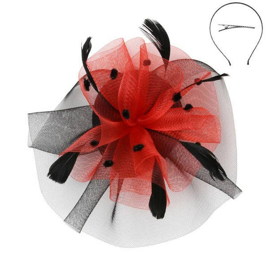 TWO TONE RUFFLE MESH DOTS FEATHERS HAIR FASCINATOR 94: Bkrd