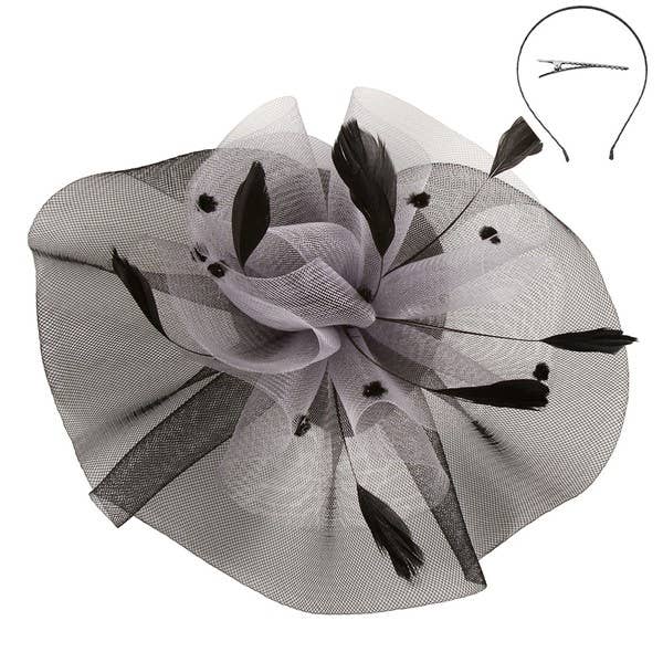 TWO TONE RUFFLE MESH DOTS FEATHERS HAIR FASCINATOR 94: Bkrd