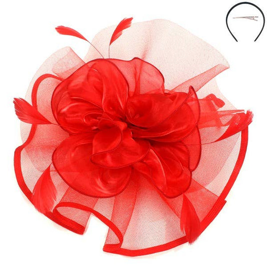 FLORAL MESH FASCINATOR HEADBAND CLIP:Red