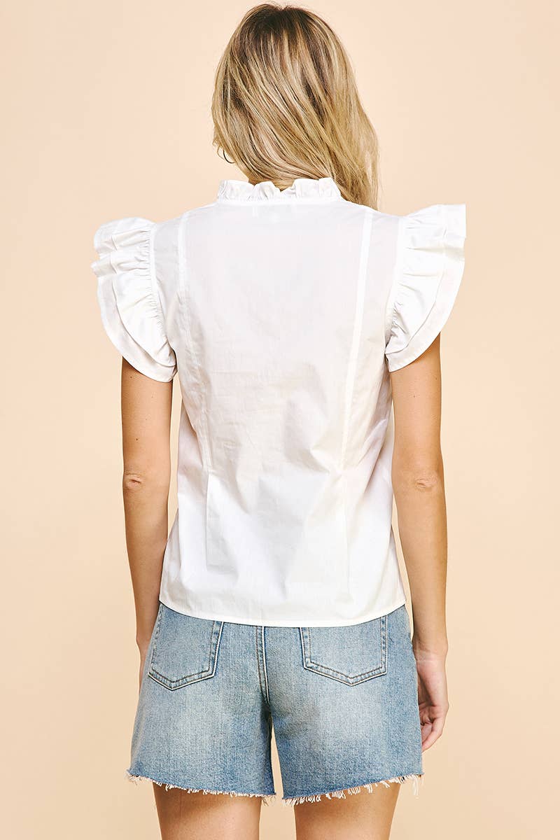 RUFFLE SS WOVEN TOP - WHITE: