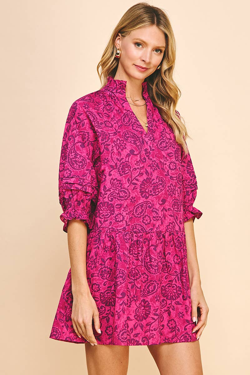 PAISLEY PRINT MINI DRESS - MAGENTA