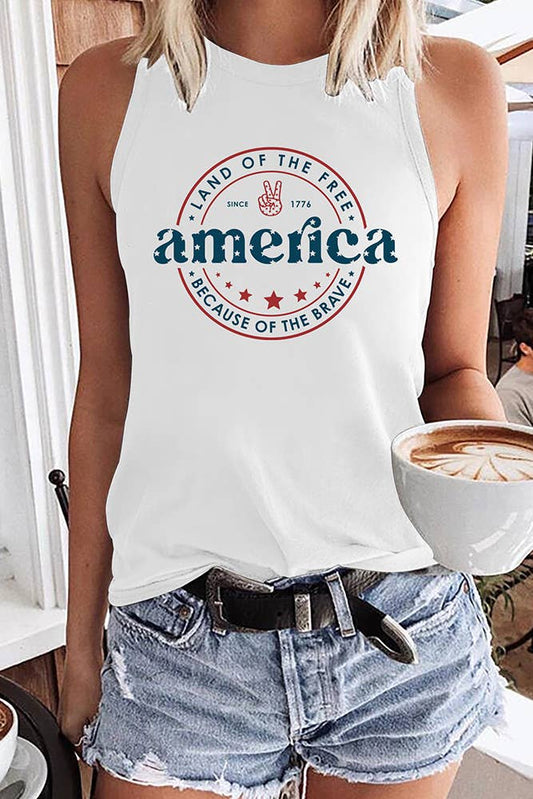 America Letter Print Graphic Tank Top STC125C195: White / L