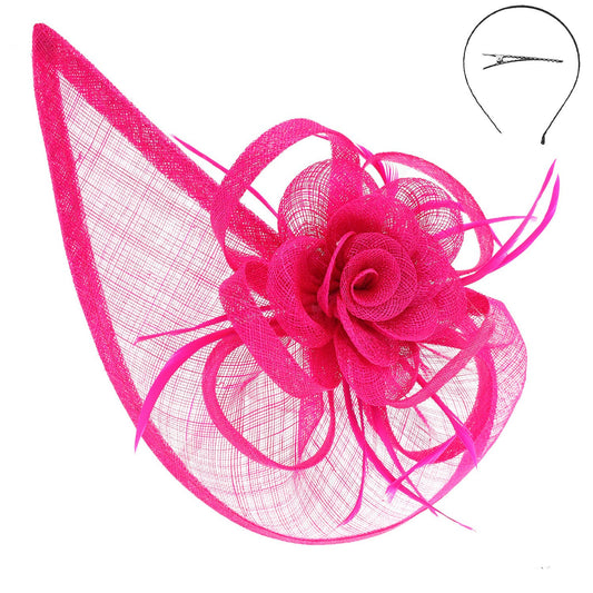 Sinamay Floral Crescent Mesh Netting Fascinator Headband Pink