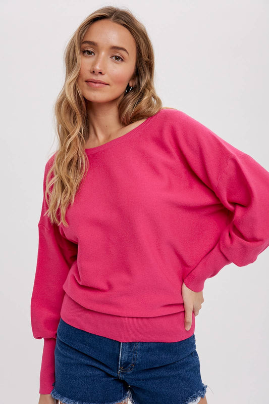 PINK SWOOP BACK BALLOON SLEEVES PULLOVER SWEATER