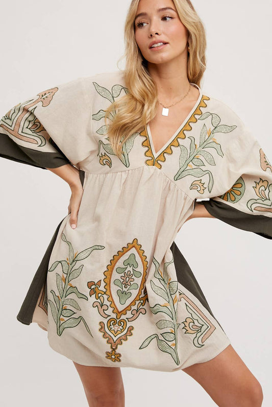 BOHO EMBROIDERED BABYDOLL DRESS: SAGE