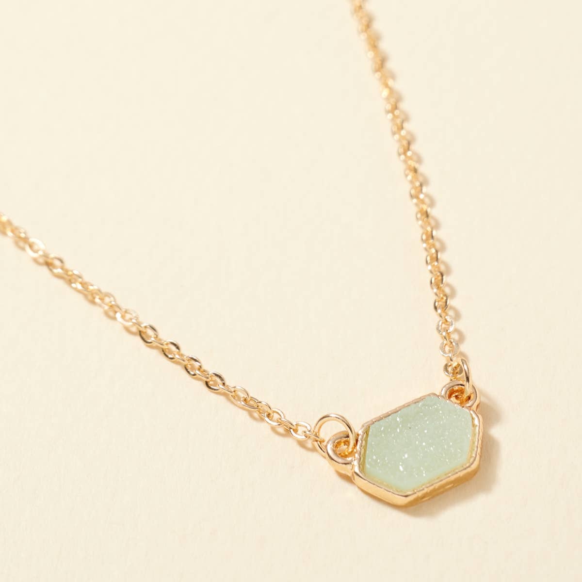 Light Greenish Blue Hexagon Druzy Stone Charm Short Necklace                       Jewelry