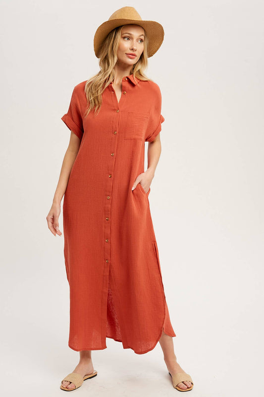 BUTTON UP MAXI SHIRT DRESS WITH POCKET