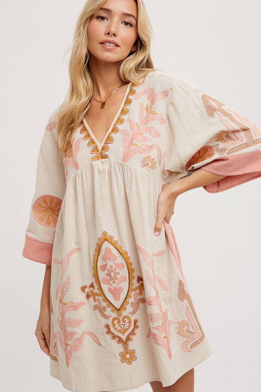 BOHO EMBROIDERED BABYDOLL DRESS: Pink