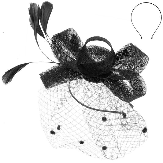 Organza Bow w/ Feathers Dotted Netting Headband Fascinator black