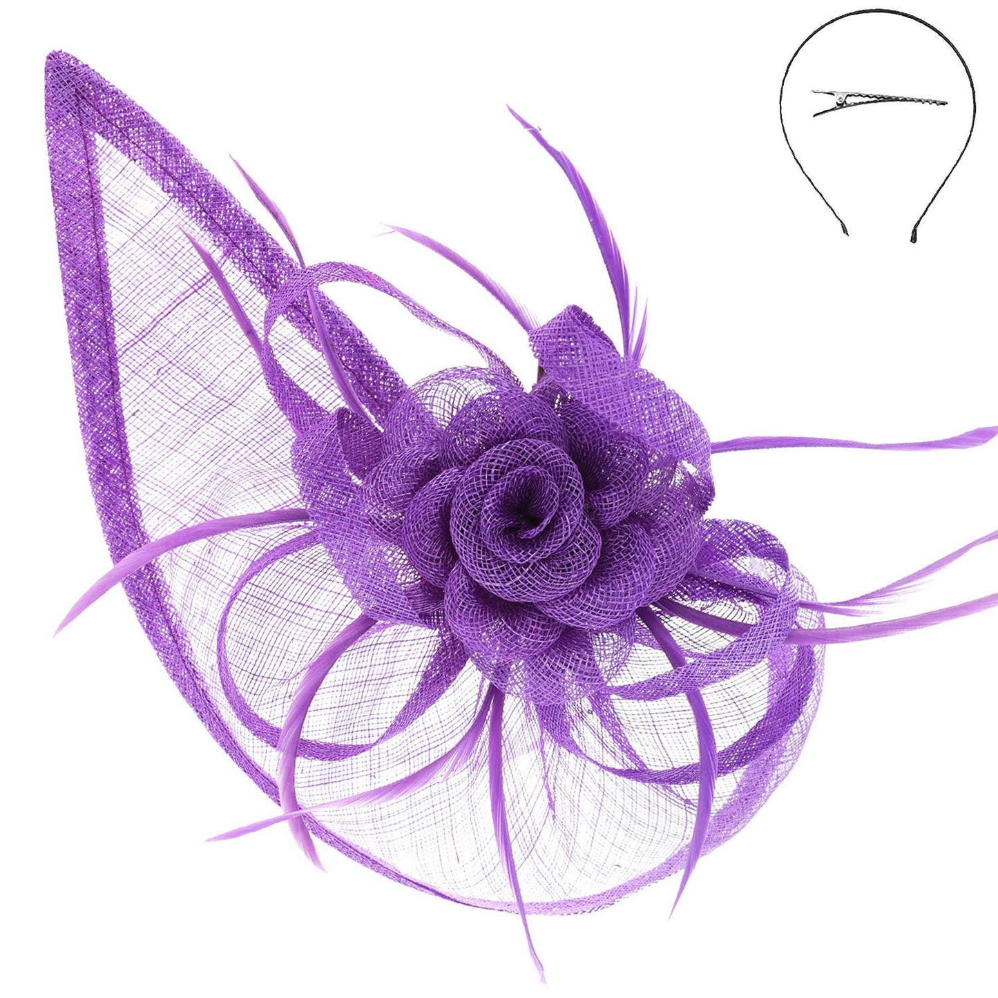 Sinamay Floral Crescent Mesh Netting Fascinator Headband Purple